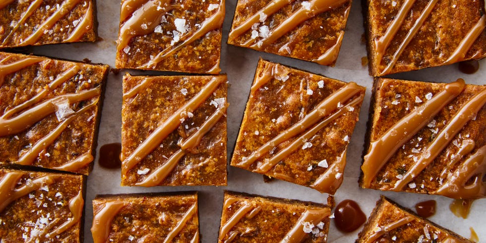 sticky toffee blondies topped with caramel and salt