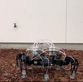 a robot walks on wood chips