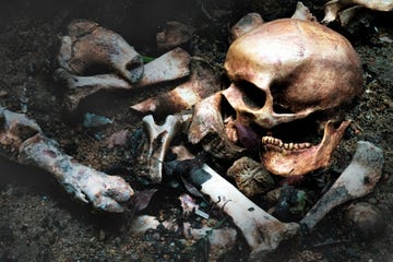 still life art of old human skull and bones in the pit or scary graveyard