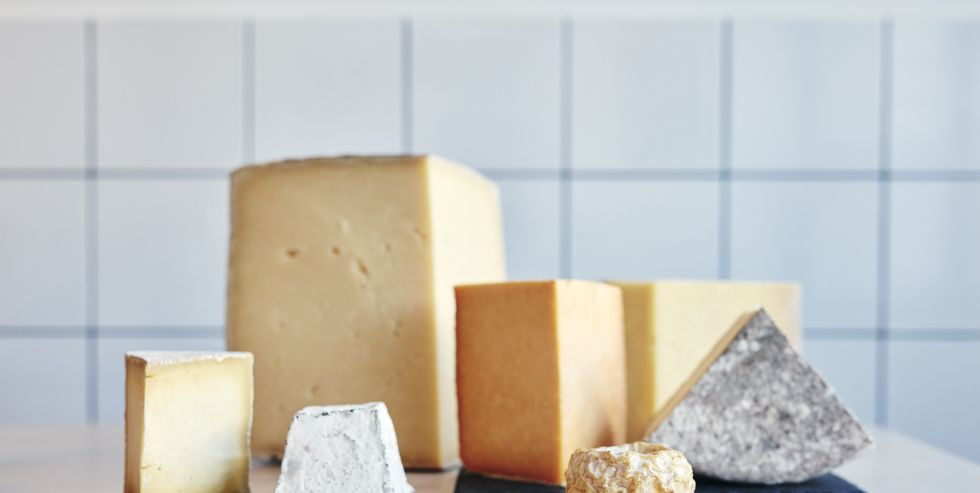 still life of a range of cheeses on table top
