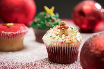 still life of christmas decorated cupcakes