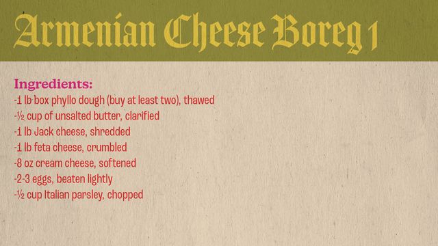 recipe card for armenien cheese boreg