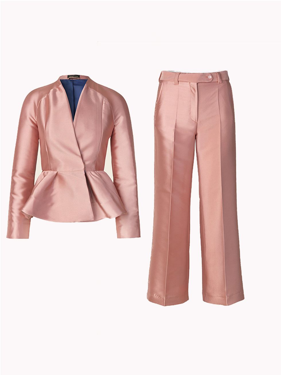 Clothing, Outerwear, Blazer, Pink, Suit, Jacket, Formal wear, Sleeve, Collar, Trousers, 