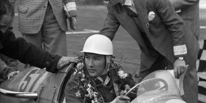 Stirling Moss in his winning 500cc F3 Kieft.