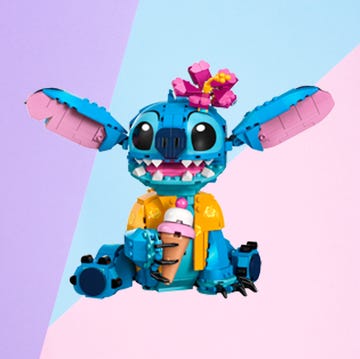 Stitch LEGO stitch from lilo and stitch holding an ice cream cone made from lego on a colourful background