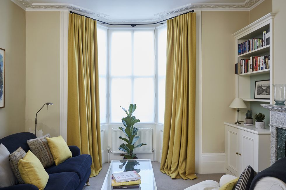 yellow curtains in upcycled silk, ﻿stitched