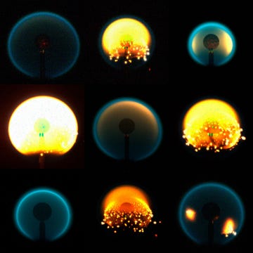 departments-10.2022-BT-MZ3904-flames-space-station In het kader van een NASAprogramma ACME genaamd Advanced Combustion via Microgravity Experiments zijn in het internationale ruimtestation ruim vier jaar experimenten met vlammen uitgevoerd Op deze compositiefoto zijn vlammen uit deze tests afgebeeld