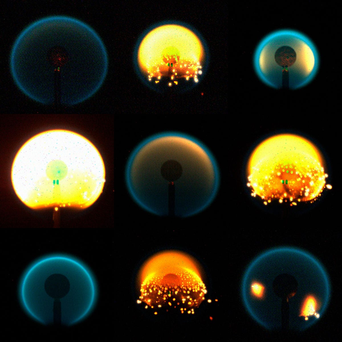 In het kader van een NASAprogramma ACME genaamd Advanced Combustion via Microgravity Experiments zijn in het internationale ruimtestation ruim vier jaar experimenten met vlammen uitgevoerd Op deze compositiefoto zijn vlammen uit deze tests afgebeeld