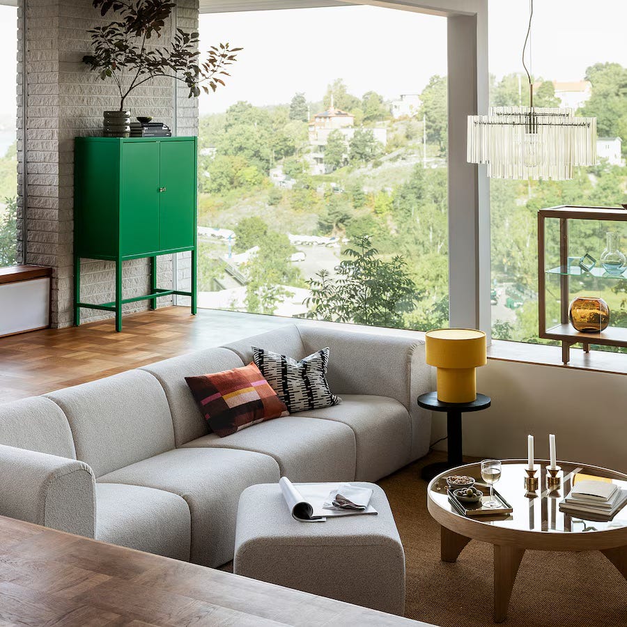 modern living room scene with glass chandelier