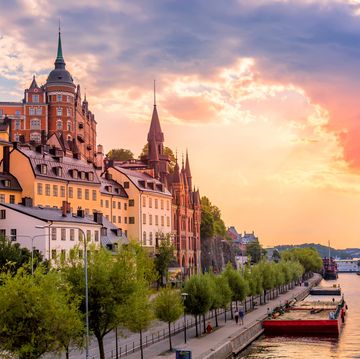 stockholm, sweden scenic summer sunset view with colorful sky of the old town architecture in sodermalm district