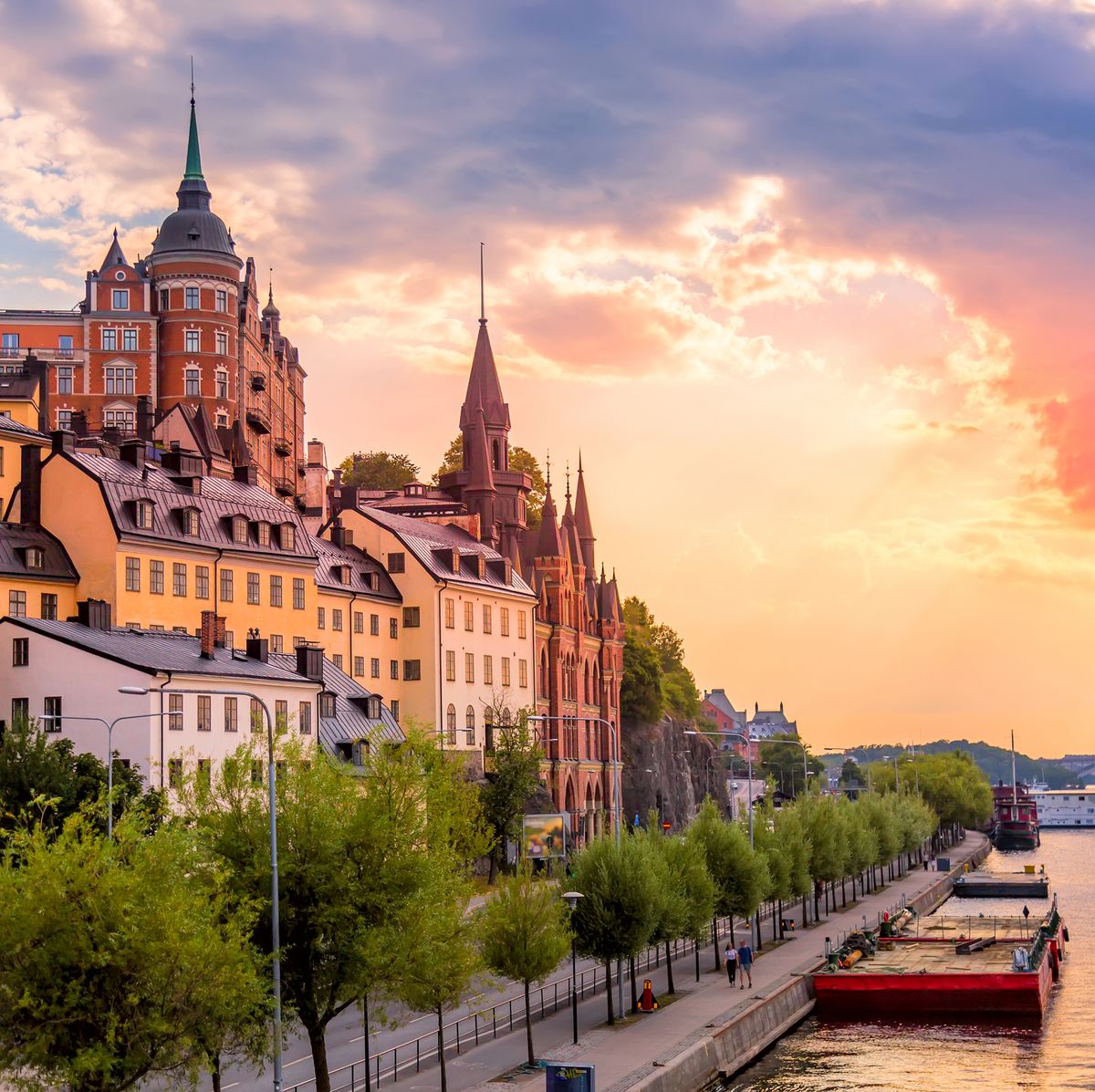 stockholm, sweden scenic summer sunset view with colorful sky of the old town architecture in sodermalm district