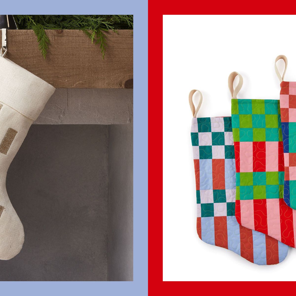 A needlepoint Christmas stocking kit that features red and white