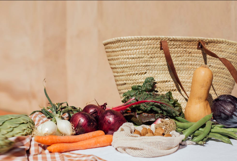 vegetables with straw bag