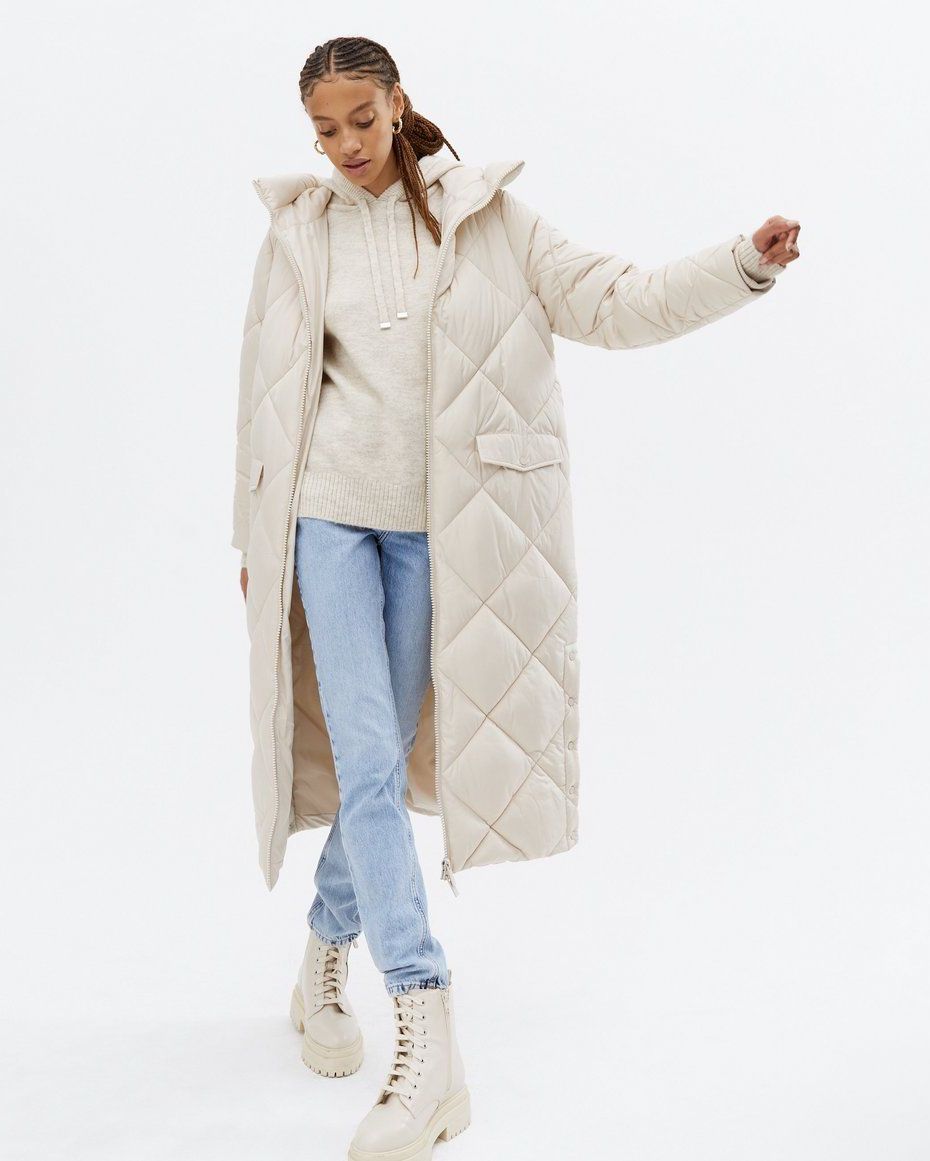 new look stone quilted long puffer coat