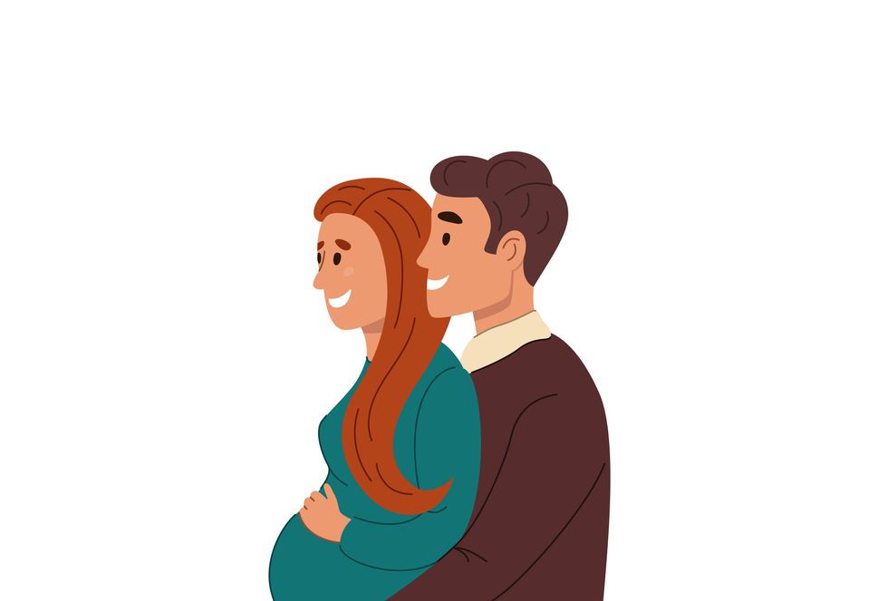 happy husband hugging his pregnant wife from behind young couple is expecting a baby future parents portrait color flat vector illustration isolated on white background