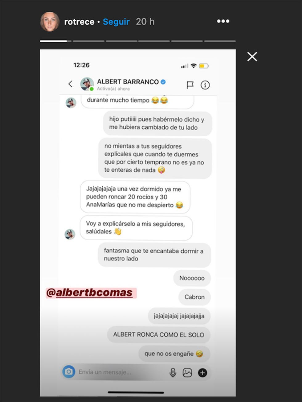 conversación entre rocío flores y albert barranco en stories de instagram