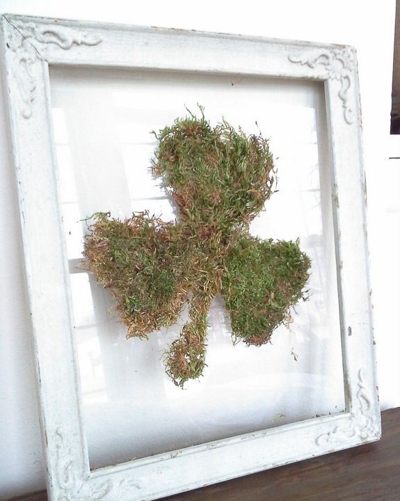 A shamrock made of moss in an antique white frame on a shelf