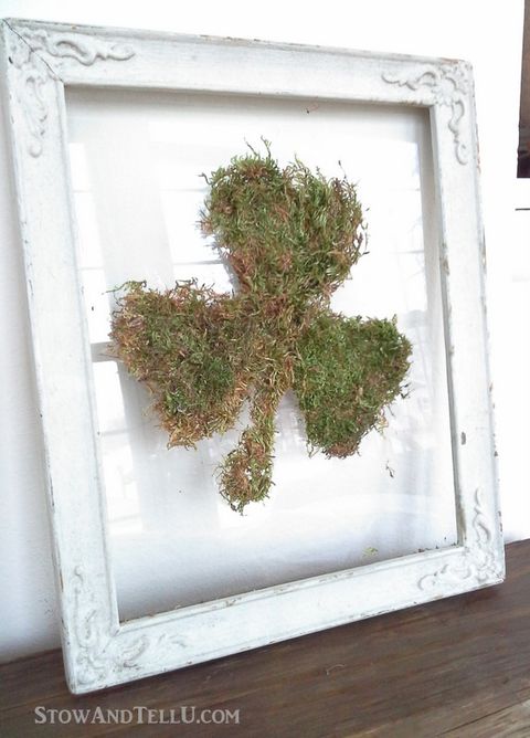 shamrock made out of moss in a distressed white frame sitting on a shelf
