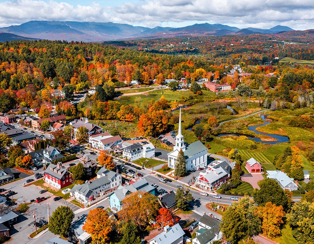 aerial view of stowe vermont in the fall