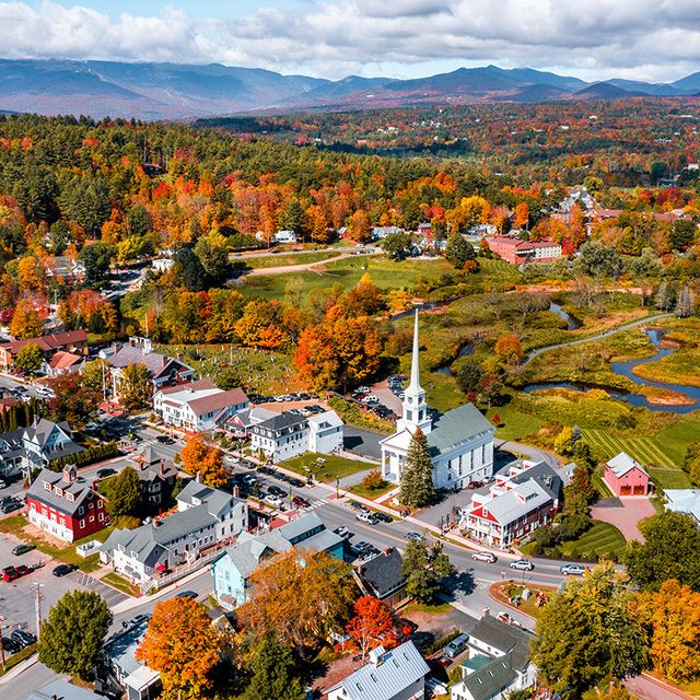 aerial view of stowe vermont in the fall