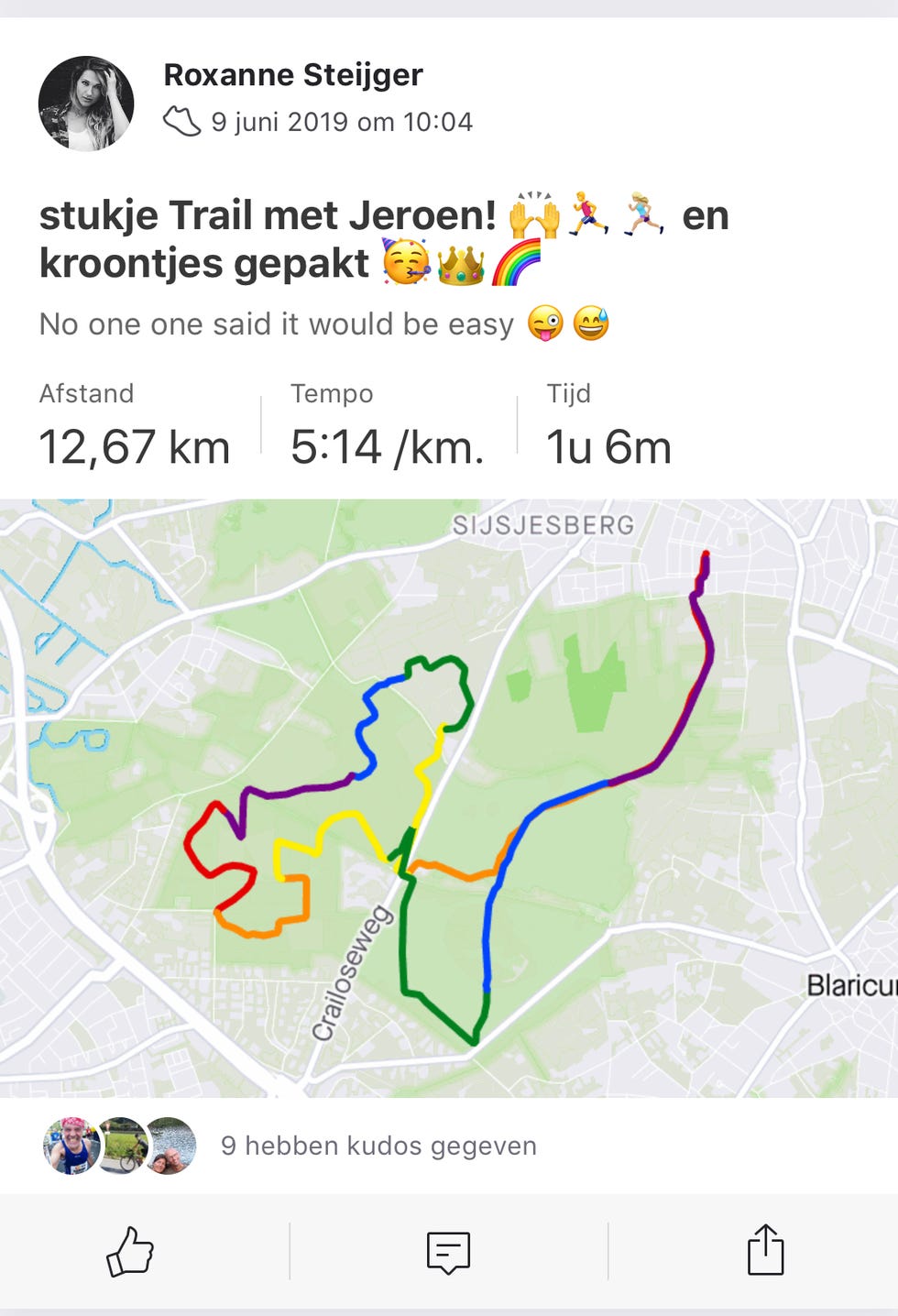 Hardloopsessie op Strava met Queen of the mountain kroontjes tijdens month of pride met een regenboog, de route is over de rode paaltjes route