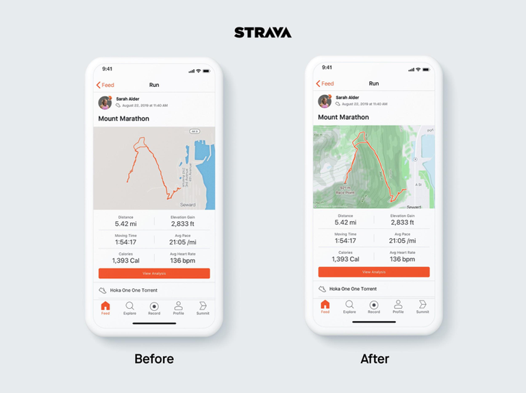 El antes y el después de la actualización de Strava.