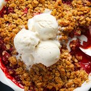 strawberry crisp topped with vanilla ice cream