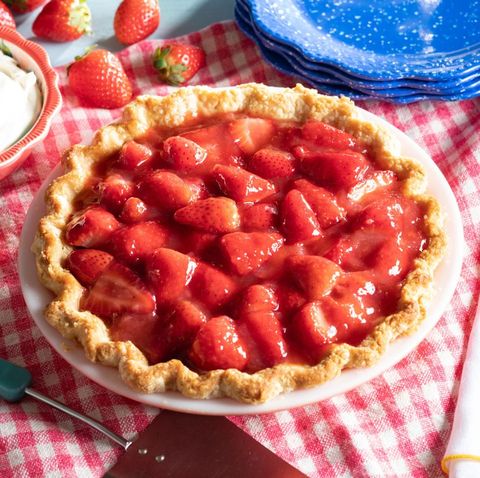 strawberry pie with blue plates