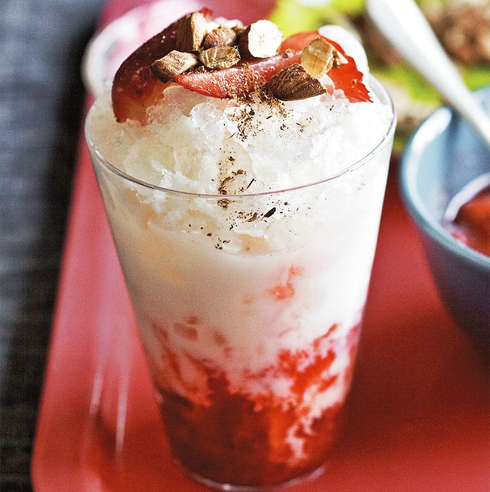 strawberry horchata shaved ice drink