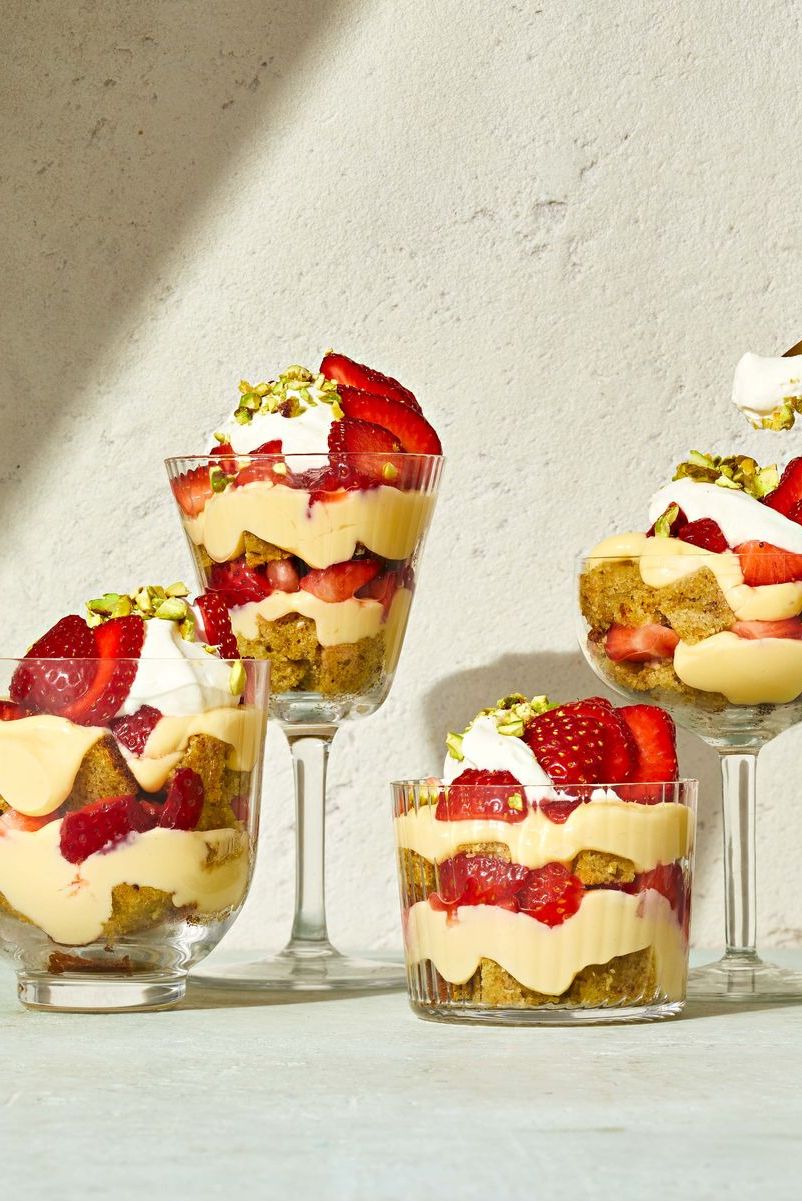 strawberry pistachio cake parfaits in glass containers
