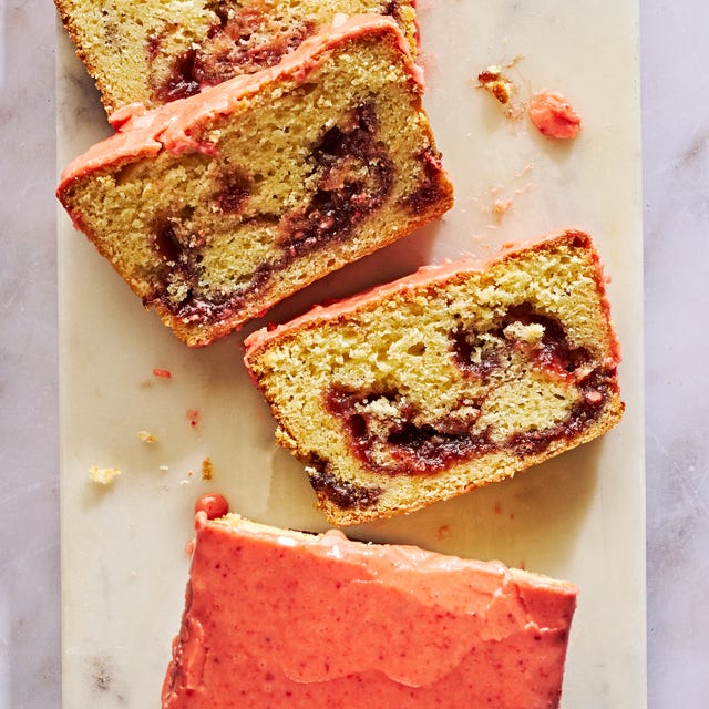 Strawberry Pound Cake pound cake with a strawberry swirl and topped with a bright pink strawberry glaze