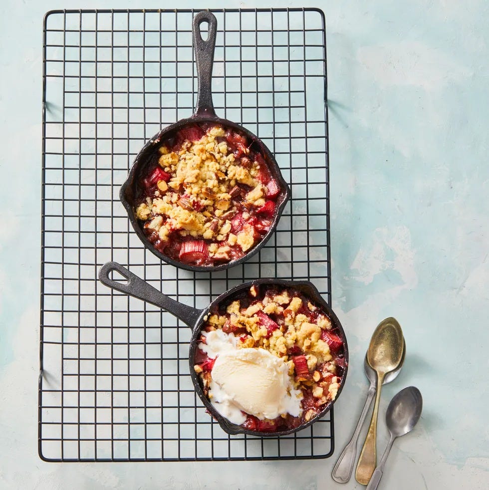 strawberry rhubarb crumble in cast iron skillets