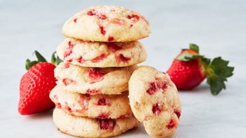 a stack of cookies with strawberries