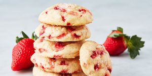 a stack of cookies with strawberries
