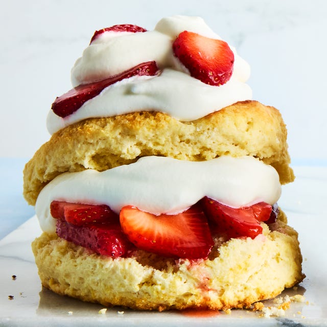 shortcake layered with strawberries and whipped cream