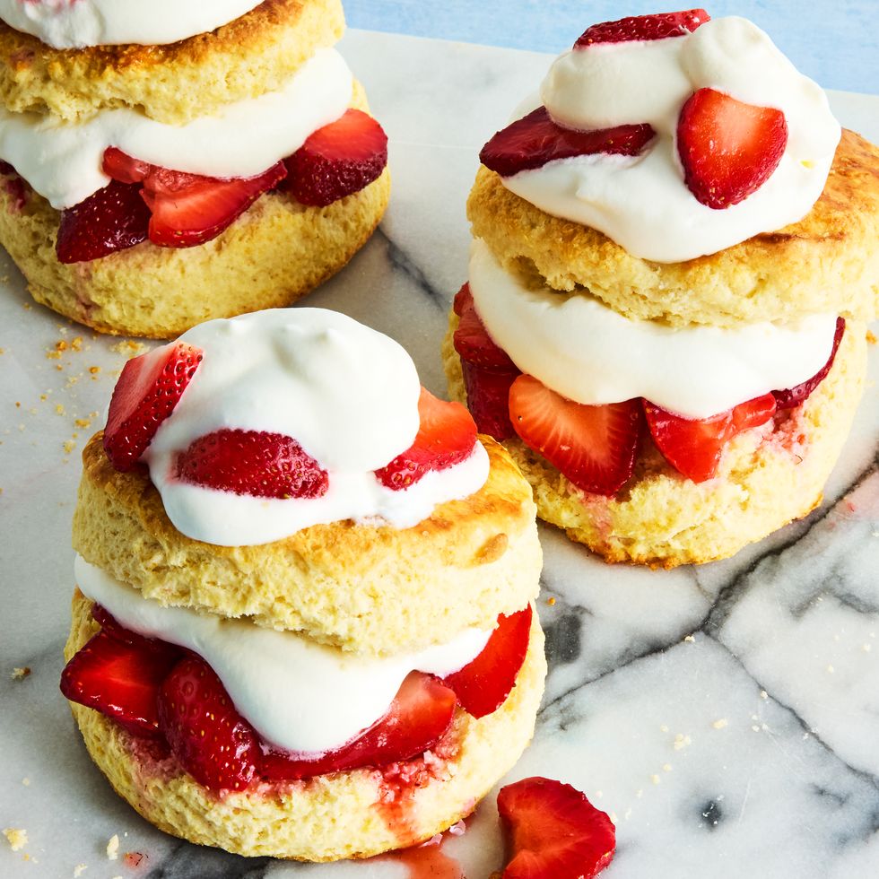 shortcake layered with strawberries and whipped cream