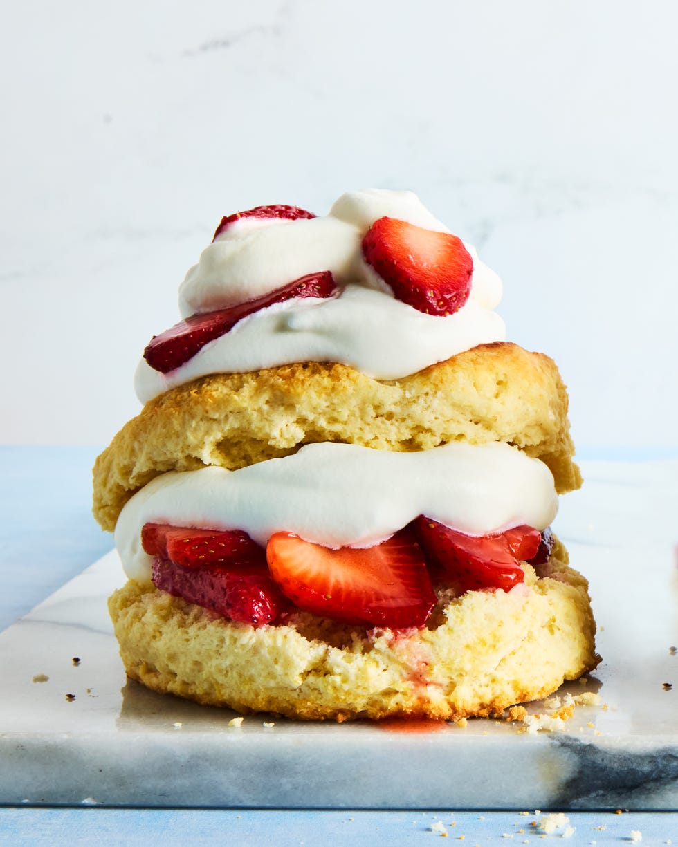 shortcake layered with strawberries and whipped cream
