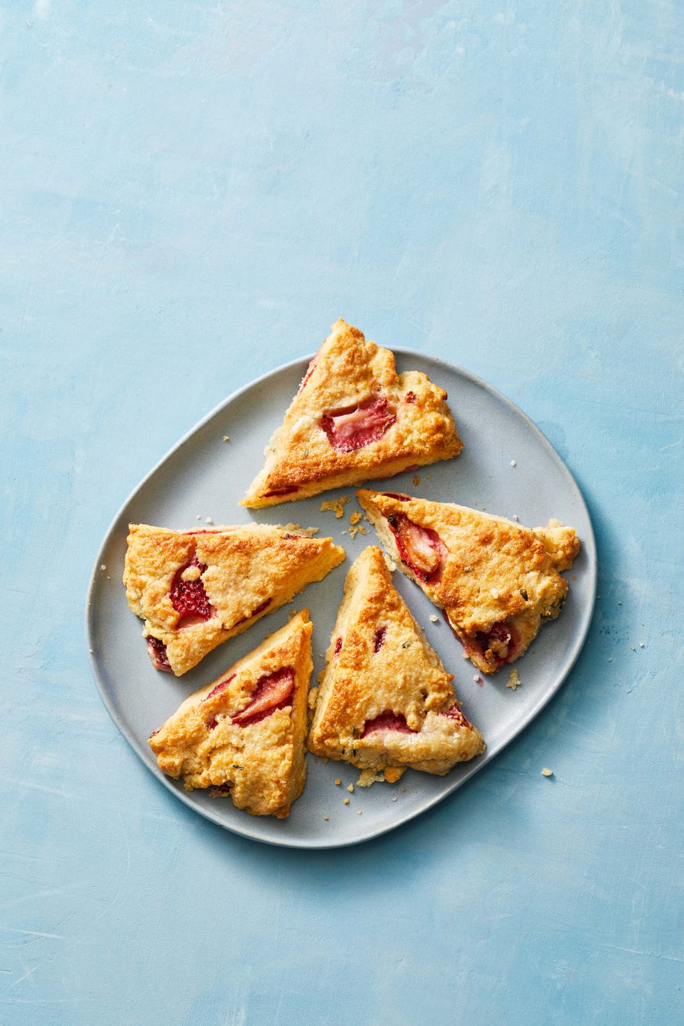 strawberry thyme mini scones on a blue plate