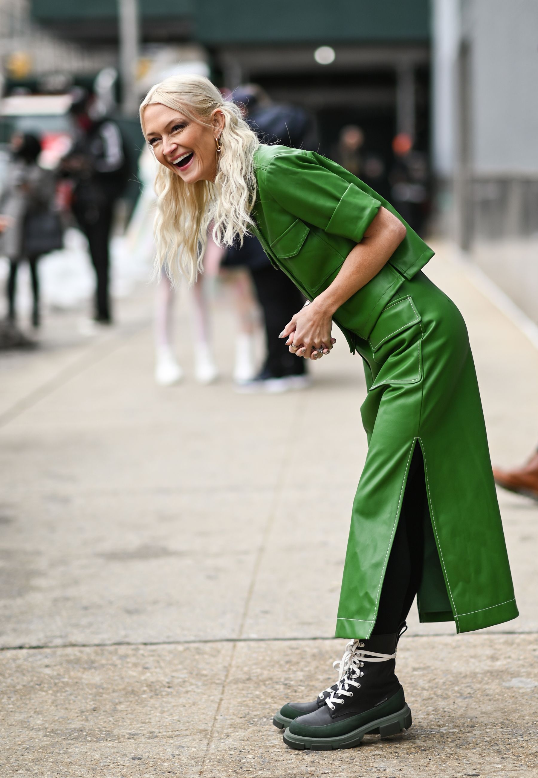 new york, new york   february 16 zanna roberts rassi is seen wearing a green top and skirt outside the rebecca minkoff show during new york fashion week fw21 at spring studios on february 16, 2021 in new york city photo by daniel zuchnikgetty images