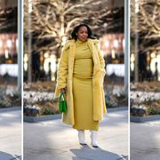 a woman at new york fashion week wears a knit dress to illustrate a guide to the best work dresses 2023
