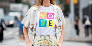new york, ny   september 11 lauren santo domingo wearing tshirt with vote print is seen outside oscar de la renta during new york fashion week springsummer 2019 on september 11, 2018 in new york city photo by christian vieriggetty images