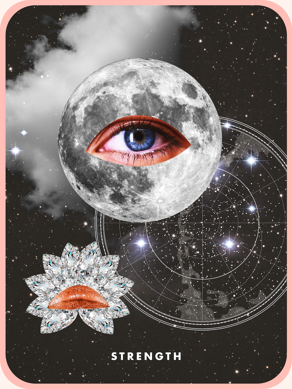 the tarot card strength, showing an eye on a full moon and a pair of lips upside down on a diamond, both in a starry sky