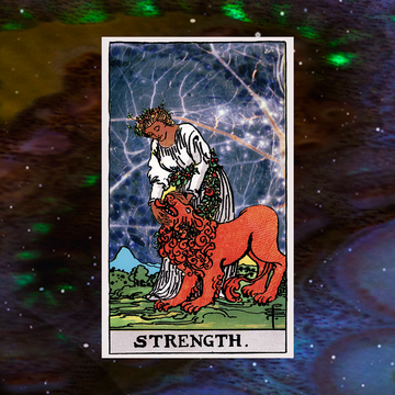the strength tarot card on a sky background