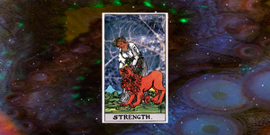 the strength tarot card on a sky background