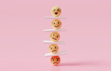 emoji emoticons vertically arranging with seesaws, emotional control for career success and wellbeing concept, 3d render illustration.