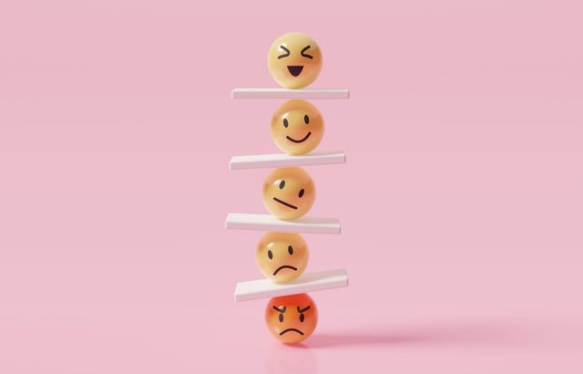 emoji emoticons vertically arranging with seesaws, emotional control for career success and wellbeing concept, 3d render illustration.