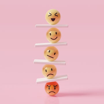 Emotions concept emoji emoticons vertically arranging with seesaws, emotional control for career success and wellbeing concept, 3d render illustration.