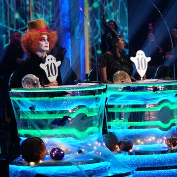 Strictly Come Dancing Halloween Week 2021 - judges Craig Revel Horwood, Motsi Mabuse, Shirley Ballas and Anton du Beke strictly come dancing judges craig revel horwood, motsi mabuse, shirley ballas and anton du beke hold up their ghost shaped 10 paddles on halloween week