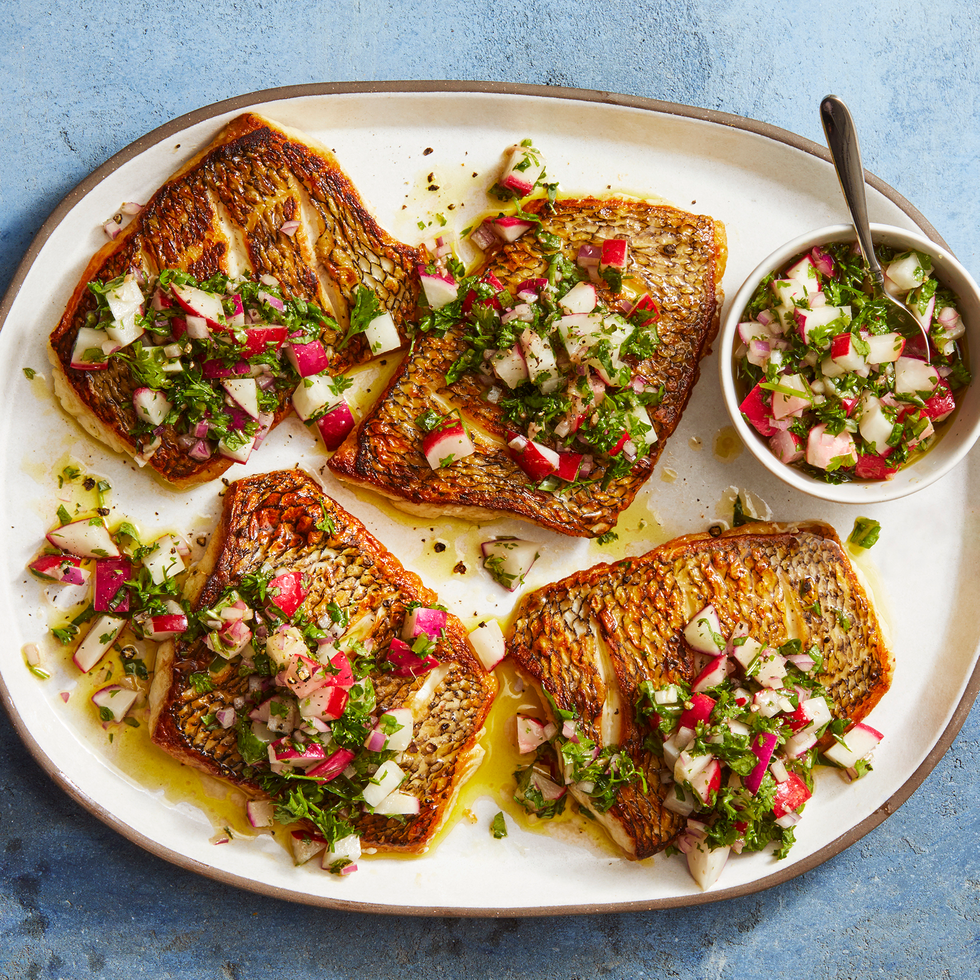 best healthy dinner recipes striped bass with radish salsa verde