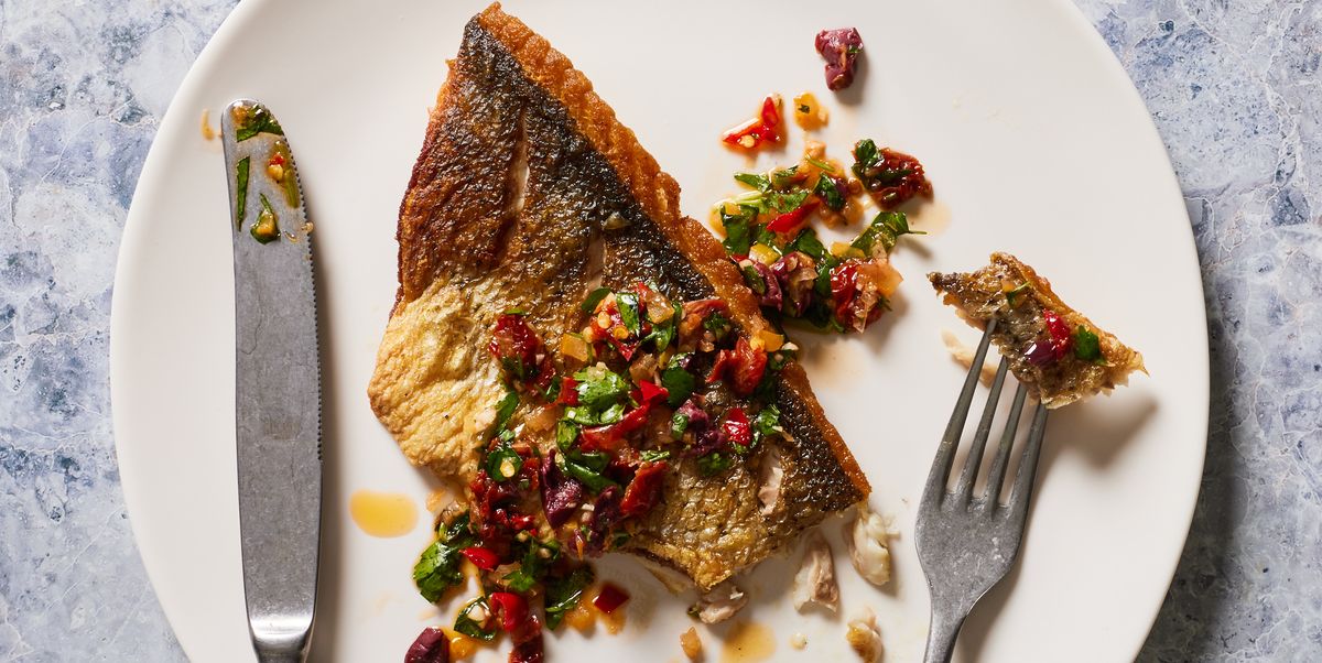 striped bass topped with herb olive salsa